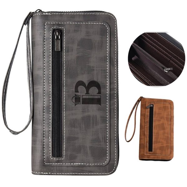 Men Long PU Zipper Wallet w/ Carrying Strap