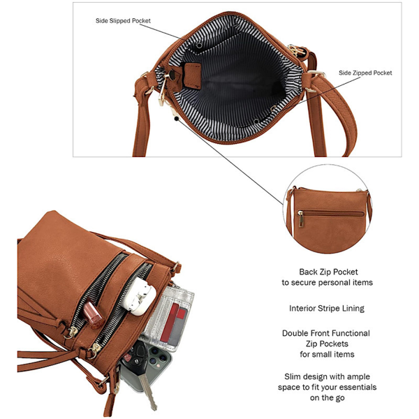 Multiple Zipper Pockets PU Leather Crossbody Bag