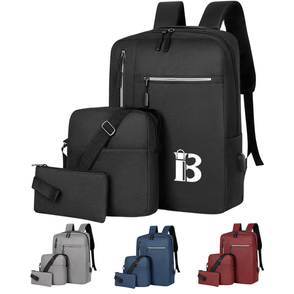 3-Piece Oxford USB Charging Laptop Backpack Set