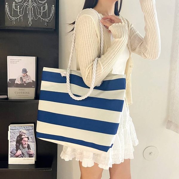 细节_1787556135649.jpg Stripe Canvas Cotton Rope Tote Bag